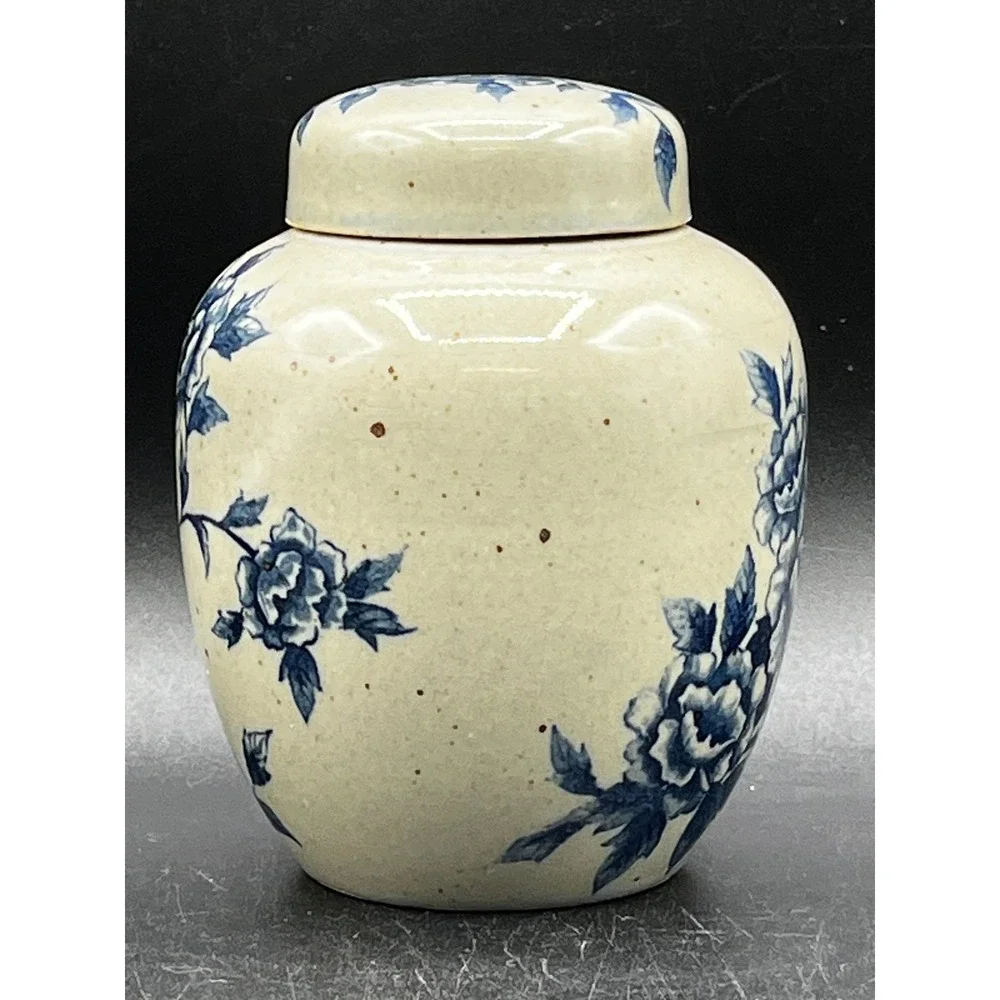 Vtg Pier 1 Imports Blue Gray Floral Ginger Jar Speckled Lidded Vase Chinoiserie